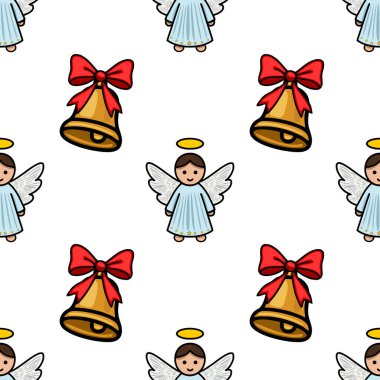 Pürüzsüz vektör deseninde haleler ve parlak kırmızı fiyonklarla süslenmiş altın çanlar eşliğinde büyüleyici meleklerin yer aldığı bir Noel tasarımı yaratıyor..