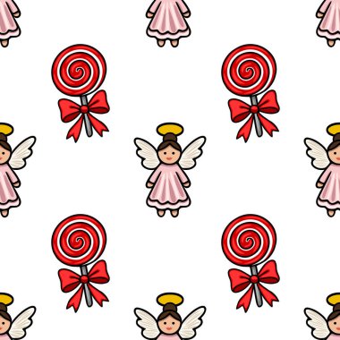 Sevimli çizgi film melekleri ve fiyonklu kırmızı lolipoplar içeren kusursuz bir vektör deseni. Noel ya da kış tasarımları için mükemmel..
