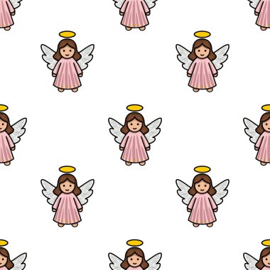 Pembe elbiseli, beyaz kanatlı ve altın halkalı sevimli çizgi film meleklerinin kusursuz vektör deseni. Noel veya dini tasarımlar için mükemmel..