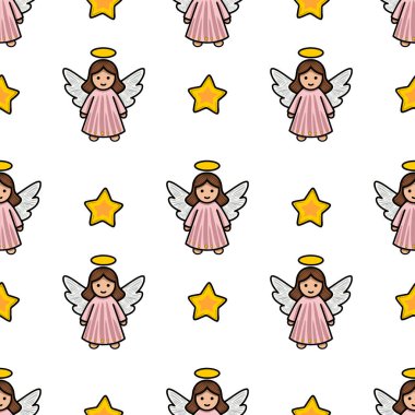 Pembe elbiseli ve altın yıldızlı sevimli karikatür melekleriyle kusursuz bir vektör deseni var. Noel için mükemmel..