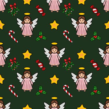Tatlı melekler, baston şekerler, yıldızlar ve ökseotu ile kusursuz bir Noel deseni. Koyu yeşil arka plan ve pastel pembe melek elbiseleri..