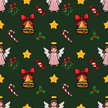 Tatlı meleklerin, altın çanların, şeker kamışlarının ve koyu yeşil arka planda kutsal meyvelerin olduğu kusursuz bir Noel deseni. Şenlik tasarımları ve kış tatilleri için mükemmel..