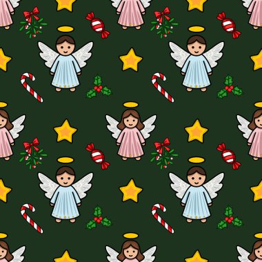 Tatlı melekler, şeker kamışları, yıldızlar ve koyu yeşil arka planda kutsal meyvelerle kusursuz bir Noel deseni. Şenlik tasarımları ve kış tatilleri için mükemmel..