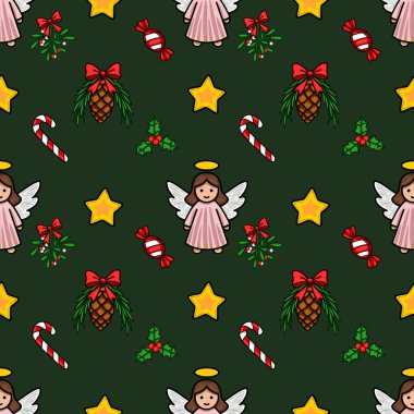 Tatlı melekler, şeker kamışları, çam kozalakları ve koyu yeşil arka planda çoban üzümleri olan kusursuz bir Noel deseni. Bayram tasarımları için mükemmel..