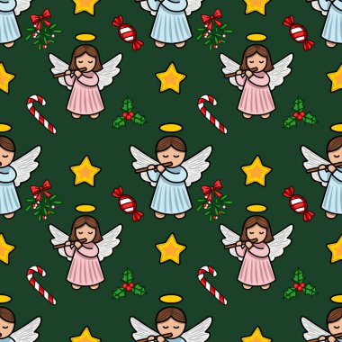Flüt, baston şekeri, yıldız şekeri ve kutsal meyveleri koyu yeşil arka planda çalan sevimli meleklerin olduğu kusursuz bir Noel deseni, neşeli ve kaprisli bir kış tasarımı yaratır..