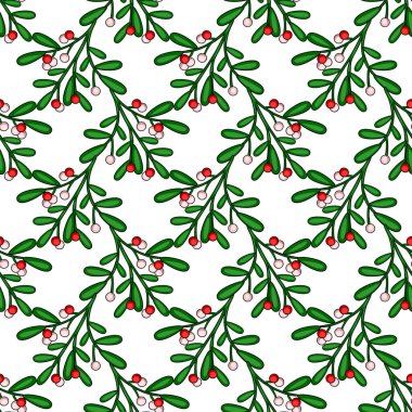 Beyaz arka planda kırmızı ve pembe böğürtlenli, biçimlendirilmiş ökseotu dallarının kusursuz vektör deseni, şenlikli Noel tasarımları için mükemmel..