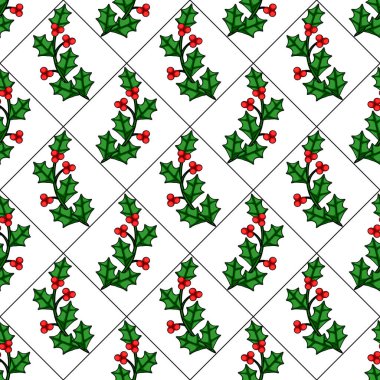 Kırmızı böğürtlenli, biçimlendirilmiş kutsal dalların kusursuz vektör deseni, beyaz arka planda elmas bir ızgarada dizilmiş, neşeli bir Noel tasarımı yaratıyor..