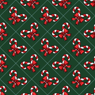 Koyu yeşil bir zemin üzerinde kırmızı yaylı Noel şeker kamışlarının kusursuz vektör deseni, ince geometrik çizgilerle köşegen şeklinde dizilmiş..