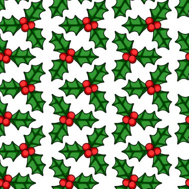 Şekillendirilmiş kutsal yapraklar ve böğürtlenlerin kusursuz vektör deseni, canlı yeşil ve kırmızı renkler içeren şenlikli Noel tasarımları için mükemmel..