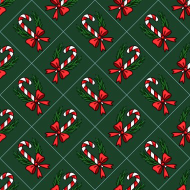 Şekerleme kamışları, kırmızı yaylar ve koyu yeşil arka planda köknar dalları olan kusursuz bir vektör Noel deseni..