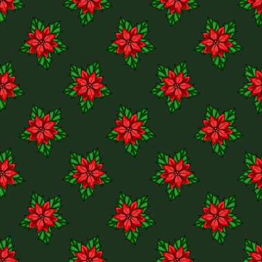 Koyu yeşil arka planda yeşil yapraklı, biçimlendirilmiş kırmızı noktalı çiçeklerin kusursuz vektör deseni, Noel ve kış tatili tasarımları için mükemmel..