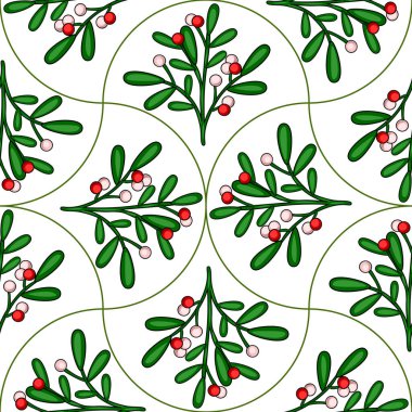 Kırmızı ve pembe böğürtlenli ökseotu dallarının kusursuz vektör deseni, beyaz arkaplanda kıvrımlı çizgiler ve tekrarlayan geometrik dizayn ile düzenlenmiştir..