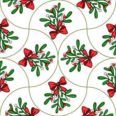 Kırmızı yaylarla bağlanmış ökseotu dalları ile kusursuz bir Noel deseni, beyaz arka plana karşı tekrarlanan bir dizayn ile düzenlenmiş, kıvrımlı yeşil çizgiler.