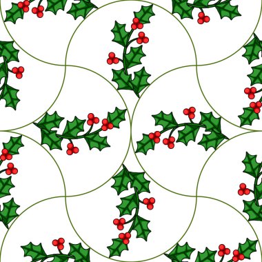 Kırmızı böğürtlenli biçimlendirilmiş kutsal dalların kusursuz vektör deseni, beyaz arka planda eşsiz bir eğri dizayn ile düzenlenmiş, şenlikli Noel tasarımları için mükemmel..