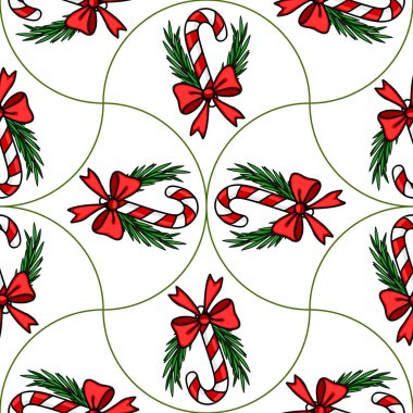 Kırmızı yaylar ve köknar dallarıyla süslenmiş kusursuz Noel şeker kamışları deseni, beyaz arka planda eşsiz, tekrarlayan bir dizayn olarak düzenlenmiştir..