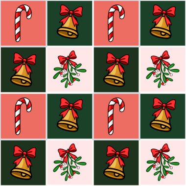 Şekerleme kamışlı kusursuz Noel deseni, kırmızı kurdeleli çanlar ve kareli arka planda ökseotu dalları, şenlikli tasarımlar için mükemmel..