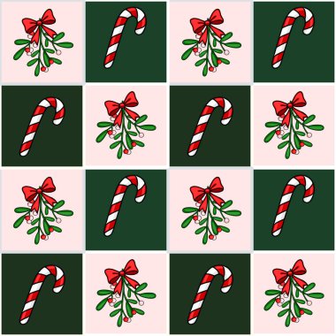 Şekerleme çubukları ve ökseotu dalları ile kusursuz bir Noel deseni, şenlikli kırmızı, yeşil ve pembe renkli kareli bir tasarım sunar..