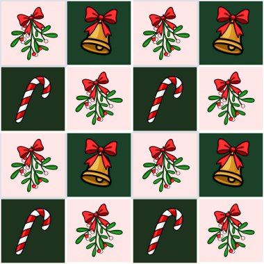 Pembe ve yeşil kareli arka planda ökseotu, çan, şeker kamışı ve kırmızı fiyonklu kusursuz Noel deseni..