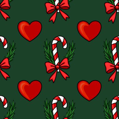 Şekerler, kalpler ve koyu yeşil arka planda yayları olan kusursuz bir Noel deseni. Şenlik tasarımları ve kış tatilleri için mükemmel..