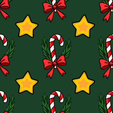 Kırmızı yaylı şeker kamışları, köknar dalları ve koyu yeşil arka planda altın yıldızlar içeren kusursuz bir vektör Noel deseni, şenlik tasarımları ve kış tatilleri için ideal..