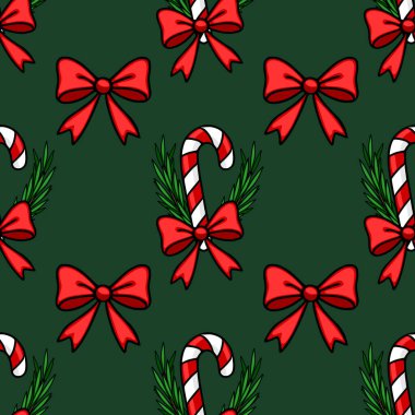 Şekerleme çubukları, kırmızı yaylar ve koyu yeşil arka planda köknar dalları olan kusursuz bir vektör Noel deseni. Festival tasarım projeleri için mükemmel..