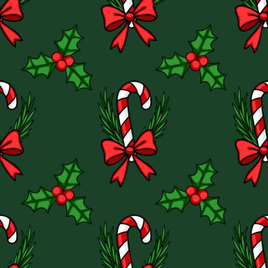 Şekerleme çubukları, kutsal meyveler ve koyu yeşil arka planda bayram fiyonkları ile kusursuz bir Noel şablonu. Paket kağıdı veya tatil kartları için ideal..