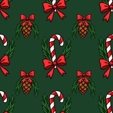 Şekerleme çubukları, çam kozalakları ve koyu yeşil arka planda kırmızı kurdeleler ile kusursuz vektör Noel deseni, şenlik tasarımları ve kış tatilleri için mükemmel..