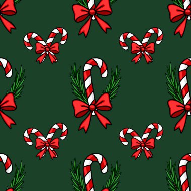 Şekerleme kamışları, kırmızı yaylar ve koyu yeşil arka planda köknar dalları olan kusursuz bir vektör Noel deseni, bayram ambalaj kağıdı veya tatil kartları için mükemmel..