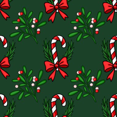 Şekerleme kamışları, ökseotu ve koyu yeşil arka planda kırmızı kurdeleli kusursuz bir Noel deseni. Bayramlık ambalaj kağıdı ya da tatil kartları için mükemmel..