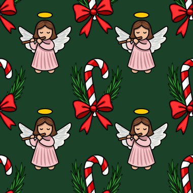 Kırmızı yaylarla süslenmiş flüt ve baston şekerlemeler çalan, zengin koyu yeşil arka planda sevimli meleklerin yer aldığı kusursuz bir Noel deseni..