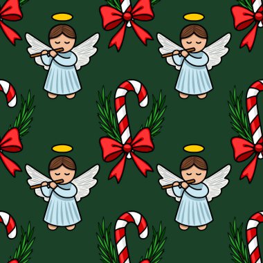 Flüt çalan sevimli meleklerin, kırmızı yaylı şeker kamışlarının ve koyu yeşil arka planda neşeli yeşilliğin yer aldığı kusursuz bir Noel şablonu. Tatil tasarımları için mükemmel..