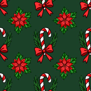 Kırmızı yaylı şeker kamışları, noktalı çiçek ve koyu yeşil arka planda yeşillik dalları içeren kusursuz bir vektör Noel deseni, şenlikli ve zarif bir tasarım yaratıyor..