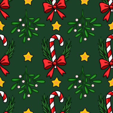 Şekerleme çubukları, ökseotu, yıldızlar ve koyu yeşil arka planda kırmızı kurdeleli kusursuz bir Noel deseni. Bayram tasarımları ve tatil ambalajları için mükemmel..