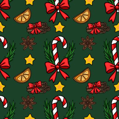 Şekerleme çubukları, tarçın çubukları, portakal dilimleri, yıldız anasonu ve koyu yeşil arka planda şenlikli fiyonklar ile kusursuz bir Noel deseni, kış tatili tasarımları için mükemmel..