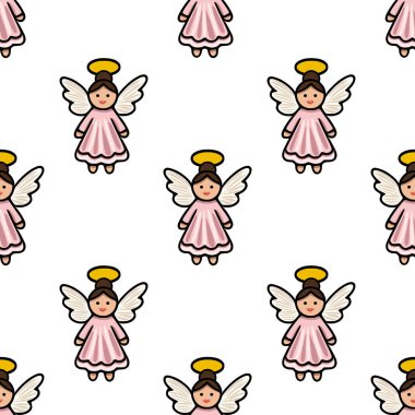 Beyaz kanatlı ve altın haleli pembe elbiseli şirin çizgi film meleklerinin kusursuz vektör deseni, Noel veya dini tasarımlar için mükemmel..