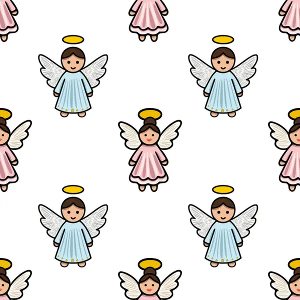 Pastel pembe ve açık mavi elbiseli sevimli karikatür meleklerinin altın haleler ve yıldızlarla süslenerek büyüleyici ve şenlikli bir Noel tasarımı oluşturulduğu kusursuz bir vektör deseni..