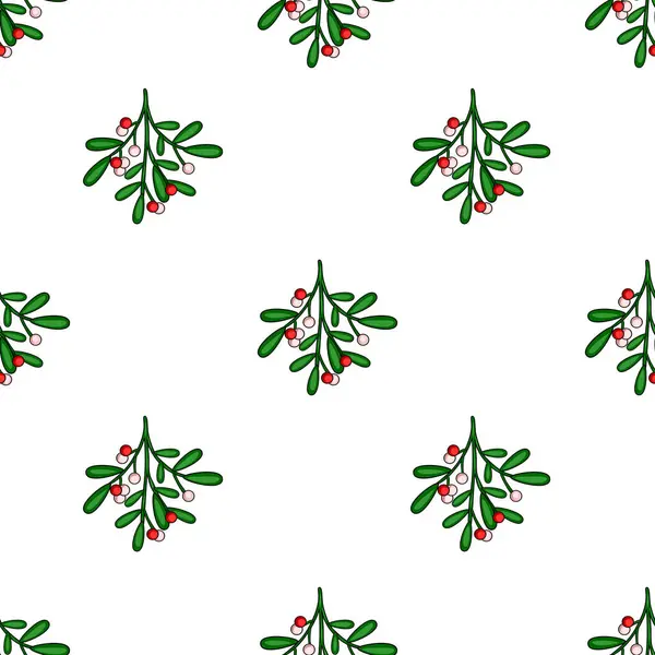 Beyaz arka planda kırmızı ve beyaz böğürtlenli ökseotu filizlerinin kusursuz vektör deseni, Noel temalı tasarımlar ve şenlikli dekorasyonlar için mükemmel..