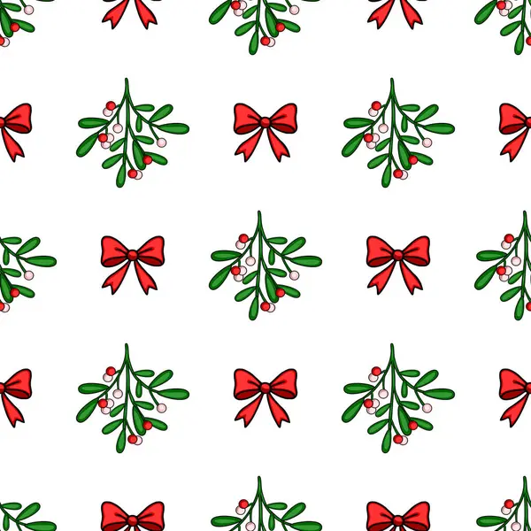 Ökseotu filizleri ve kırmızı fiyonkların kusursuz vektör deseni, canlı renkleri ve basit el çizimi tarzıyla, kış tatili için mükemmel bir Noel tasarımı..