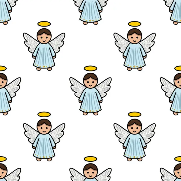 Açık mavi cüppeli, haleli ve kanatlı, Noel veya dini tasarımlar için mükemmel şirin bebek meleklerin kusursuz vektör deseni..