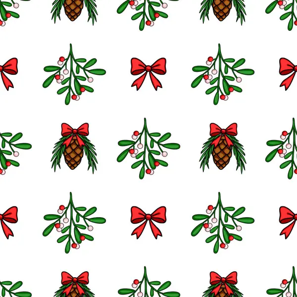 Elle çizilmiş ökse otu dalları, kırmızı yaylarla süslenmiş çam kozalakları ve el değmemiş beyaz arka planda canlı kırmızı fiyonklar ile kusursuz bir Noel deseni, şenlikli tasarımlar için ideal..