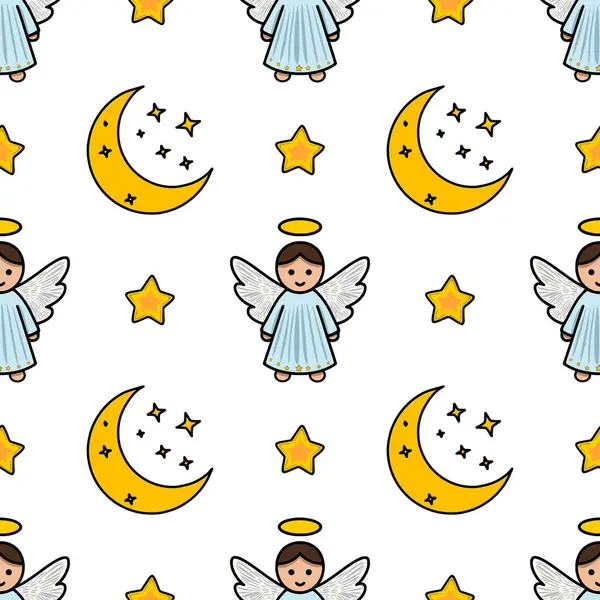 Sevimli meleklerin, hilal aylarının ve yıldızların kusursuz vektör deseni, Noel veya bebek temalı tasarımlar için mükemmel..