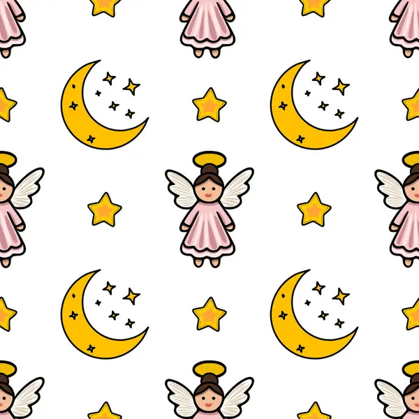 Sevimli meleklerin, hilal aylarının ve yıldızların kusursuz vektör deseni, Noel veya bebek temalı tasarımlar için mükemmel..