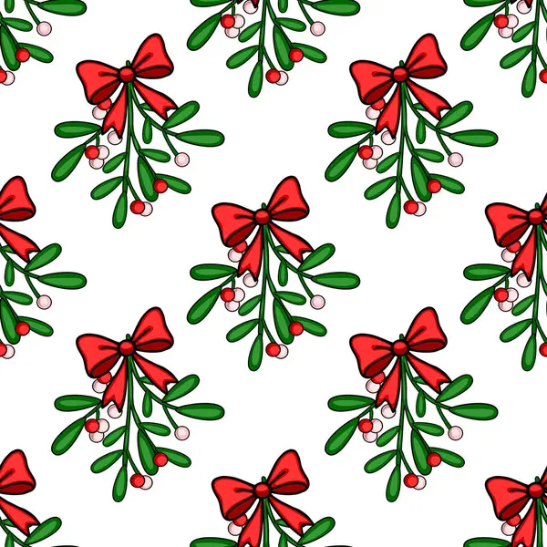 Kırmızı fiyonklarla süslenmiş ökse otunun kusursuz vektör deseni beyaz arka planda kırmızı ve pembe böğürtlenler, şenlikli Noel tasarımları için ideal..