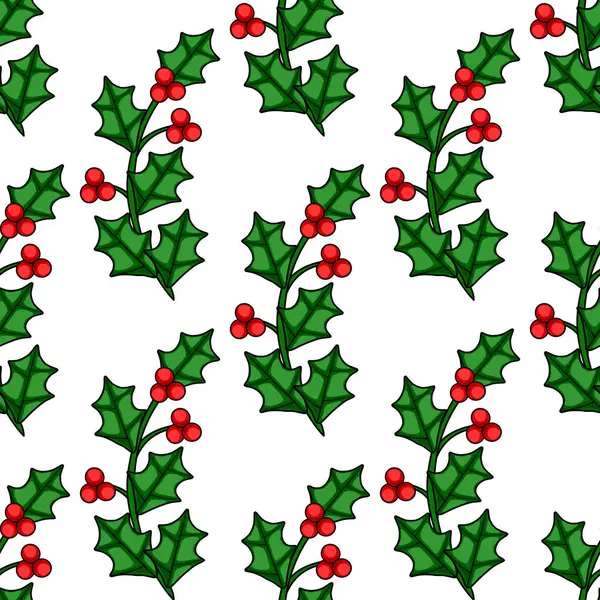 Kırmızı böğürtlenli, biçimlendirilmiş kutsal dalların kusursuz vektör desenleri, şenlikli Noel tasarımları ve kış tatilleri için mükemmel..