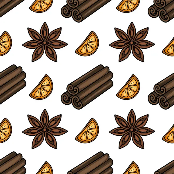 Elle çizilmiş tarçın çubukları, yıldız anasonu ve portakal dilimlerinden oluşan kusursuz vektör deseni, şenlikli kış tasarımları ve tatil ambalajları için ideal..