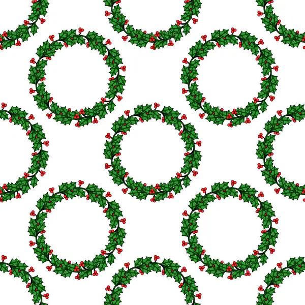 Kırmızı böğürtlenli biçimlendirilmiş kutsal çelenklerin kusursuz vektör deseni, şenlikli Noel tasarımları ve kış temalı projeler için mükemmel..