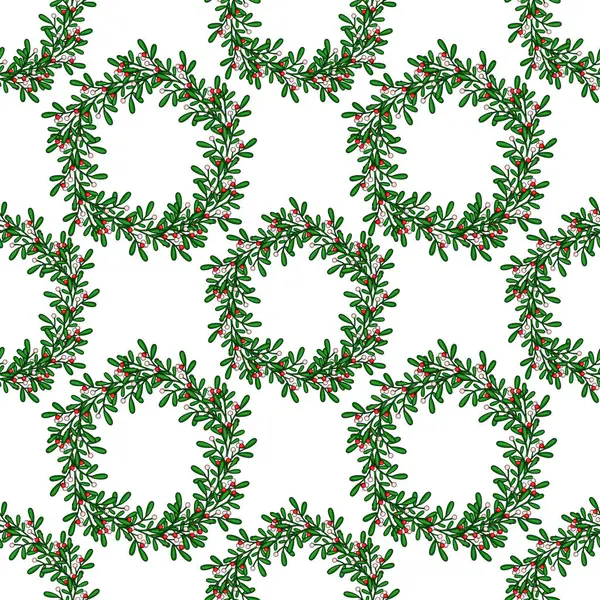 Kırmızı ve pembe böğürtlenli zarif Noel ökseotu çelenklerinin kusursuz vektör deseni, bayram tasarımları ve kış arkaplanları için mükemmel..