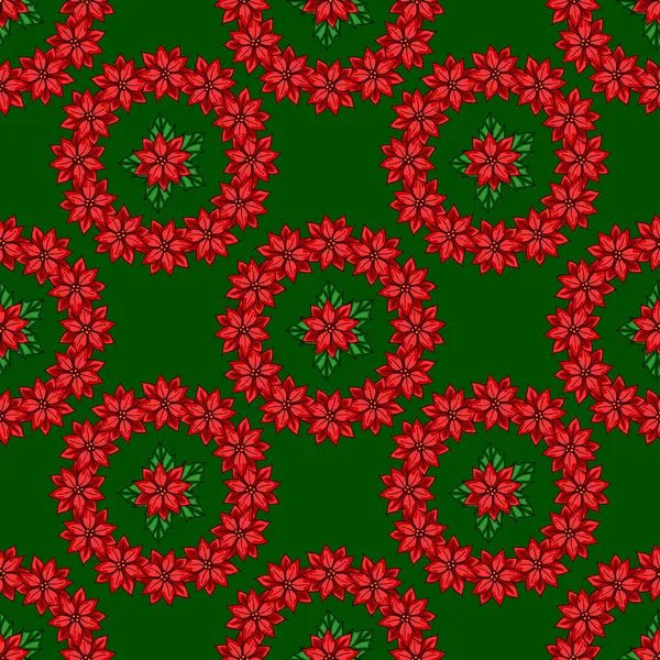 Parlak kırmızı noktalı noktalı çiçeklerin kusursuz vektör deseni, koyu yeşil arka planda dairesel çelenklerle düzenlenmiş, neşeli bir Noel tasarımı yaratıyor..