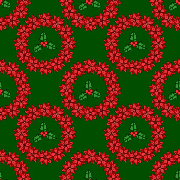 Kırmızı noktalı Noel deseni ve koyu yeşil arka planda kutsal meyveler. Şenlik tasarım projeleri için mükemmel..