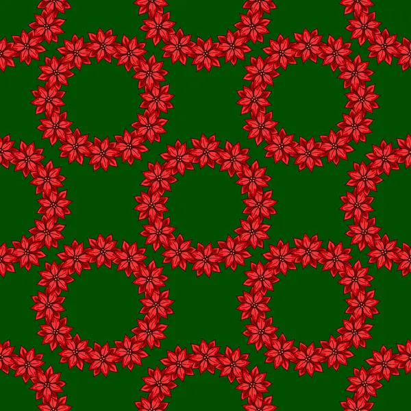 Koyu yeşil arka planda dairesel çelenklerle düzenlenmiş kırmızı noktalı çiçeklerin kusursuz vektör deseni kağıt ya da tekstil baskıları için ideal bir Noel tasarımı oluşturur..